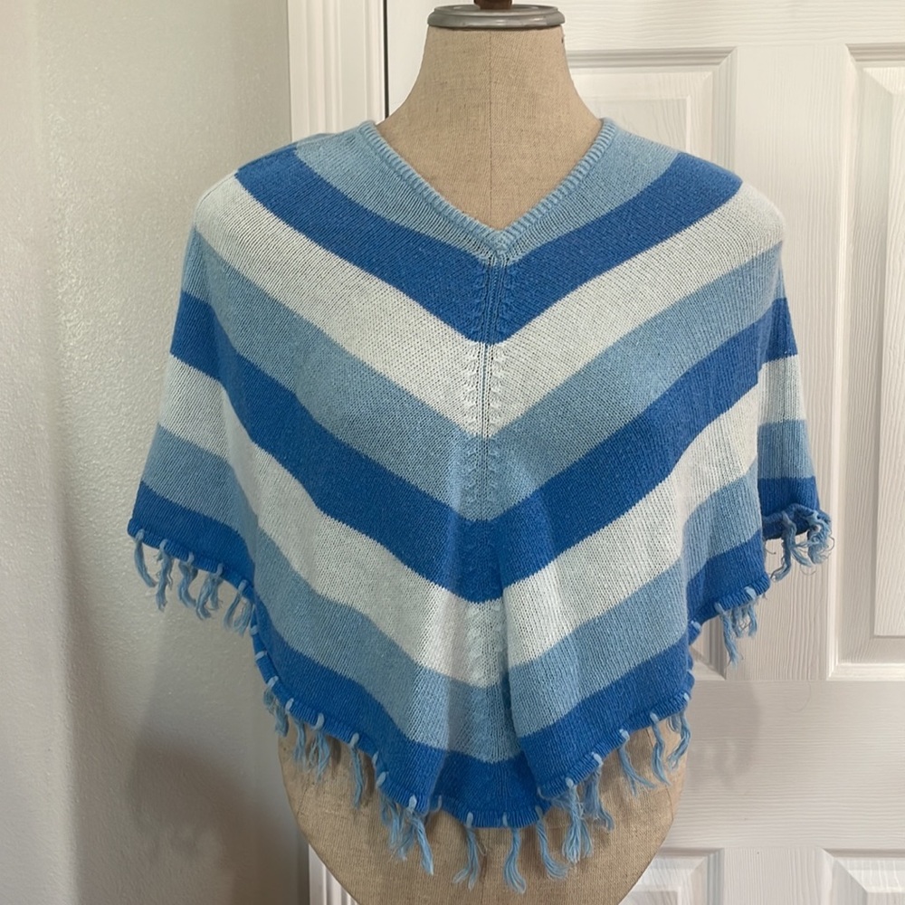 Vintage Y2K poncho knit cape Blue striped fringe girls one size fits most